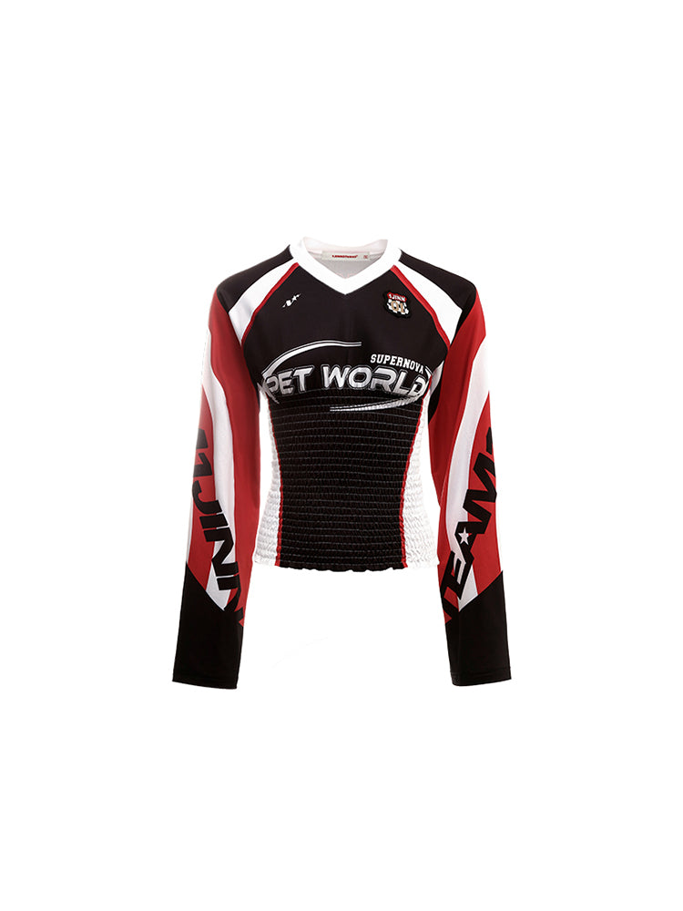 V-Neck Slim Cable Jersey Top – Cropped Long Sleeve Design