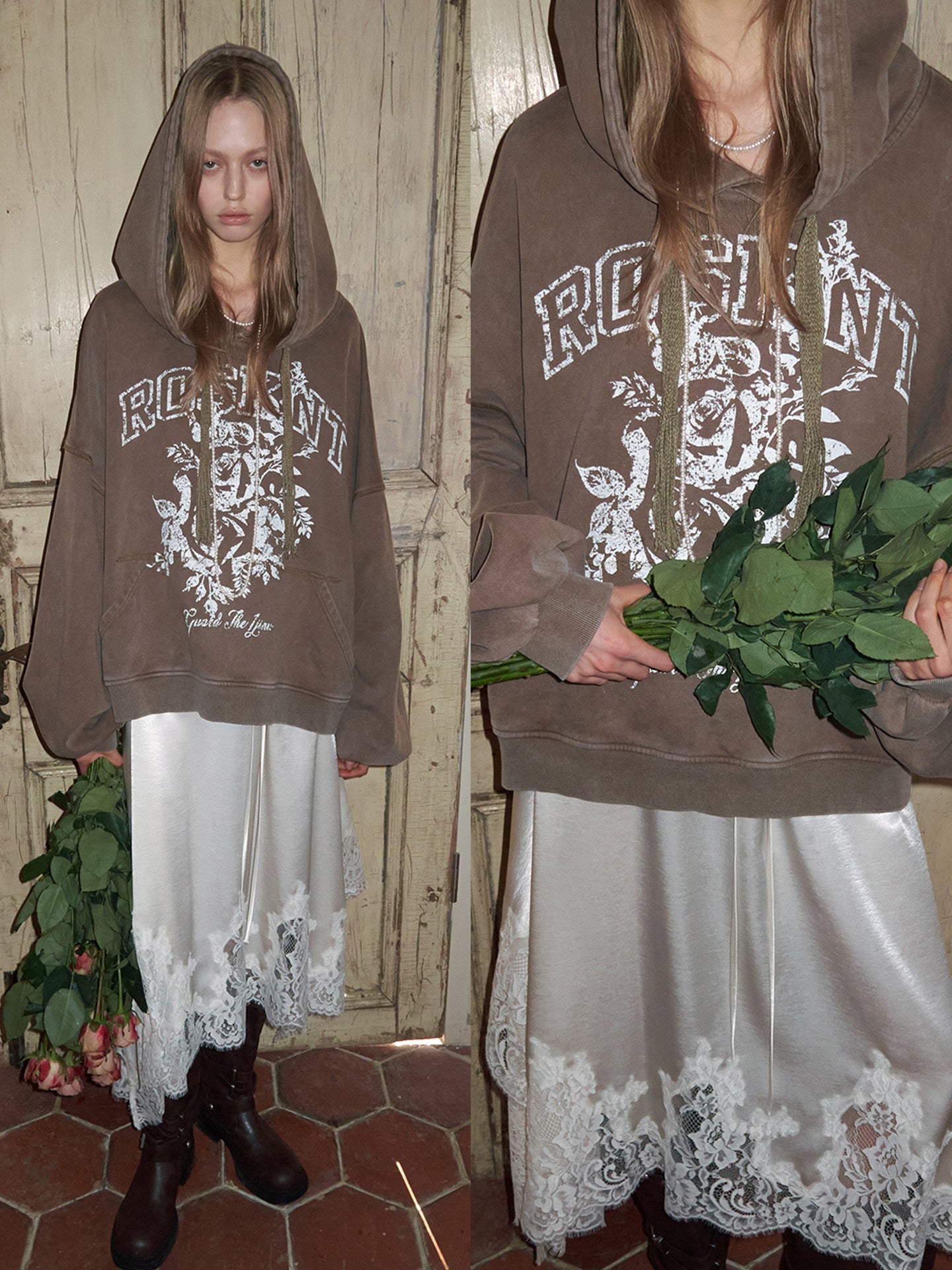 Rose Print Hooded Sweatshirt