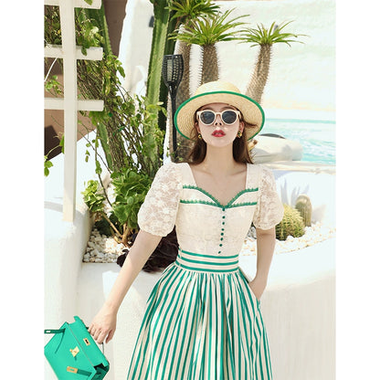 Breeze Green Lace Top & Striped Skirt Set