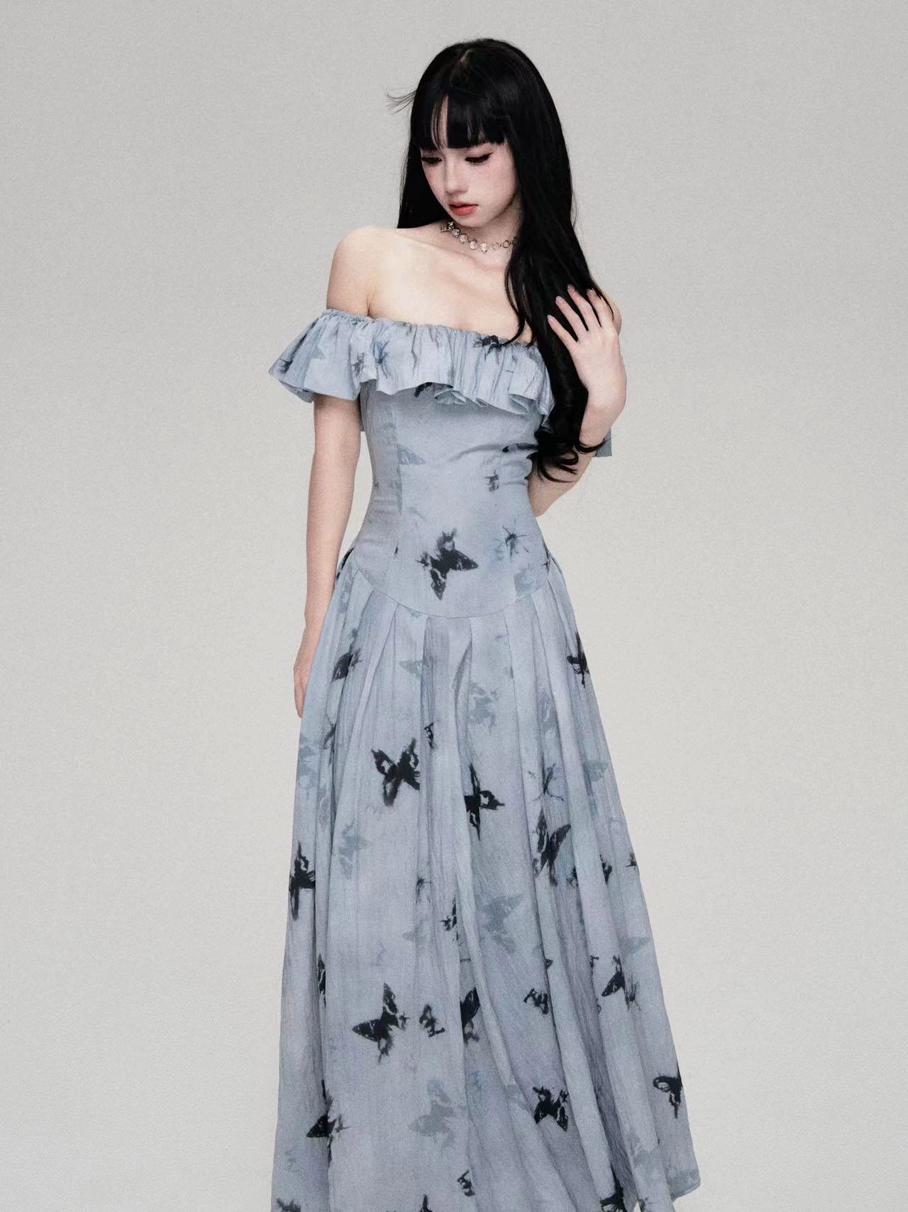 Aqua Blue One-Shoulder Butterfly Print Vintage Dress