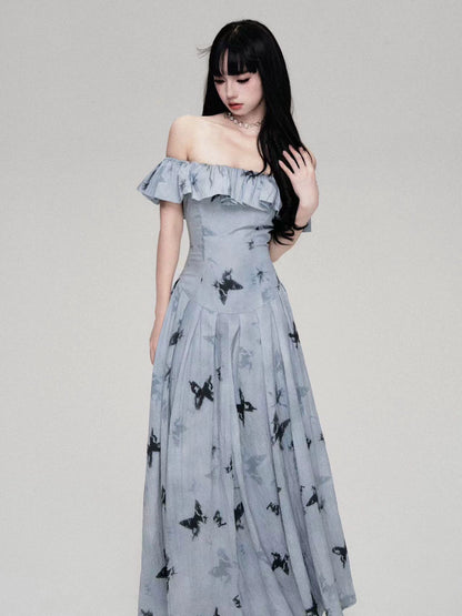 Aqua Blue One-Shoulder Butterfly Print Vintage Dress
