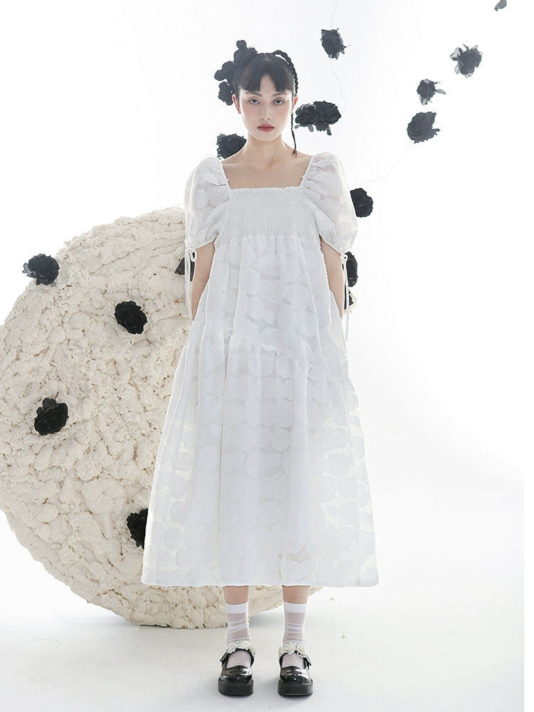 Romantic Rose Jacquard Bubble Sleeves Square Neck Dress