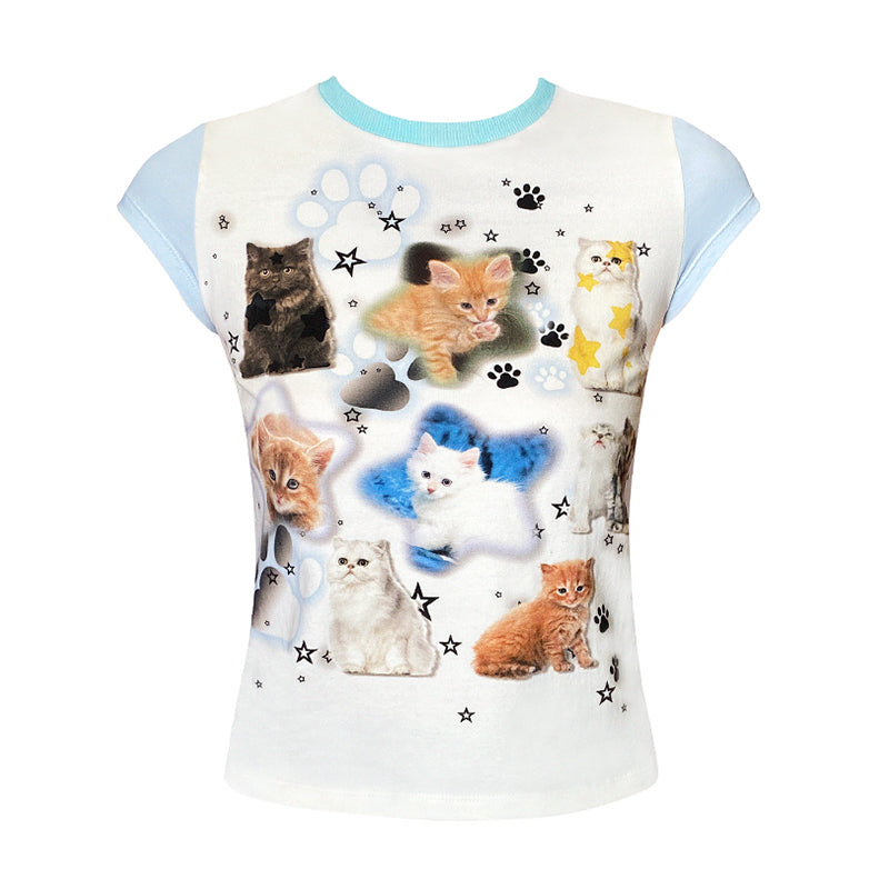 LOVE ME Cat Print Short Sleeve T-shirt