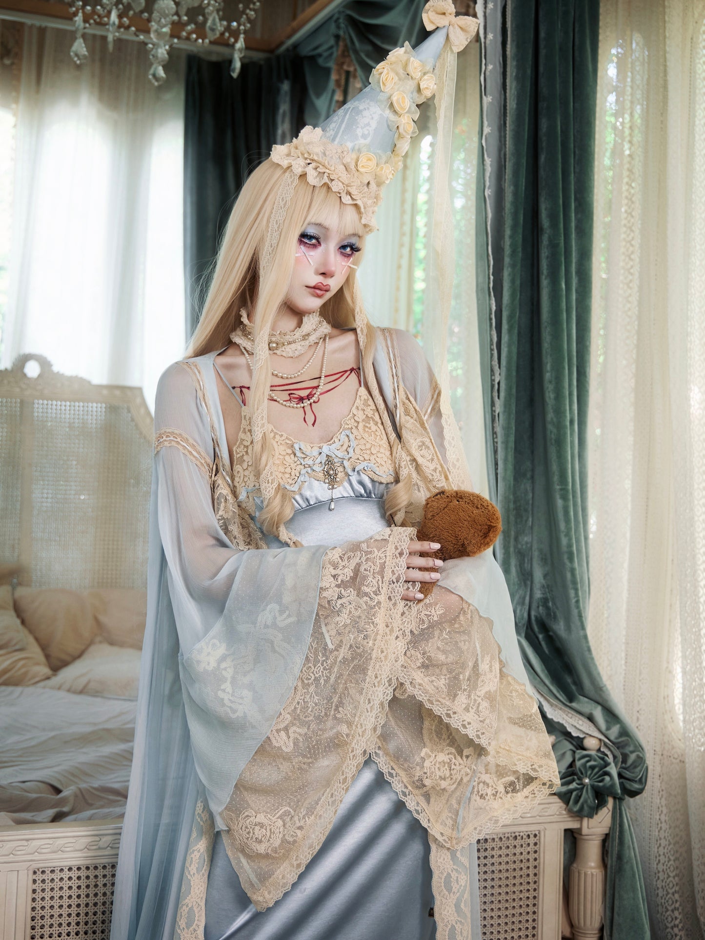 Milk Blue Satin Slip Dress | French Rococo Bow Dress