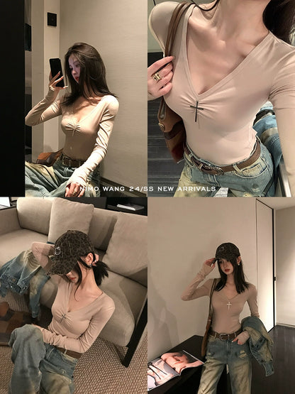 [Sister Ka’s Look] Black Long-Sleeve Crop Top - Sweet & Spicy Autumn Style