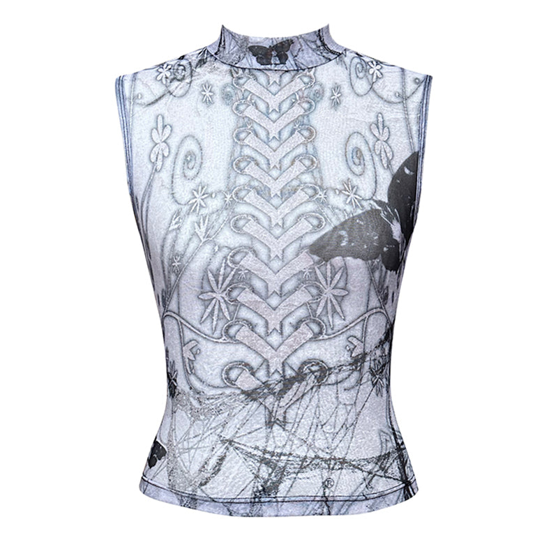 Butterfly Thorn Printed Mesh Tank Top