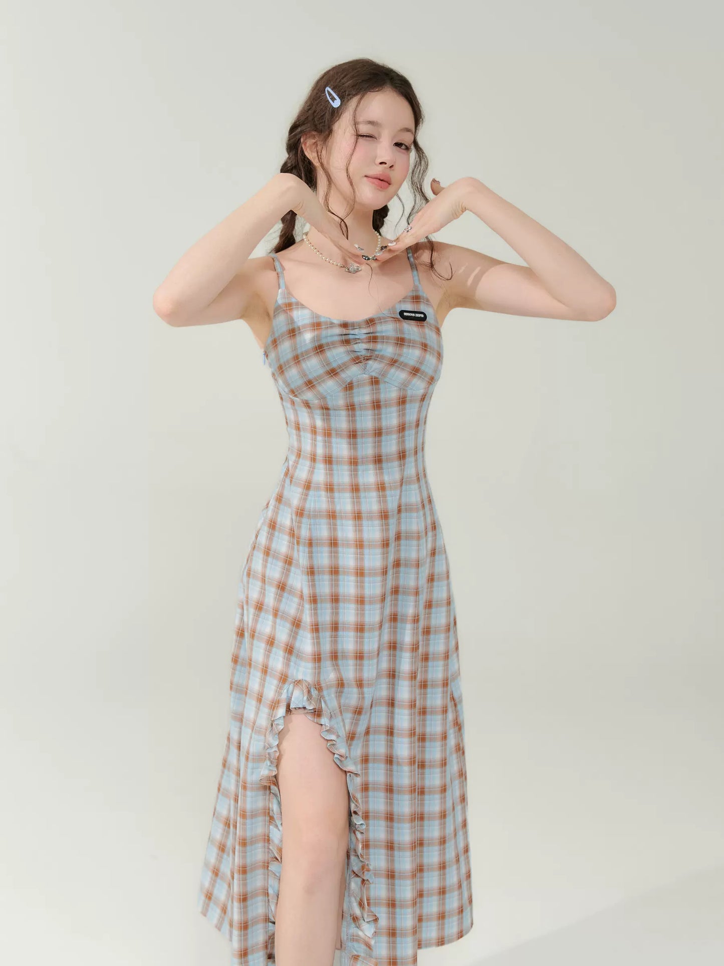 Plaid Suspender Dress | Slim Fit Split Retro Blue-Brown Plaid Design