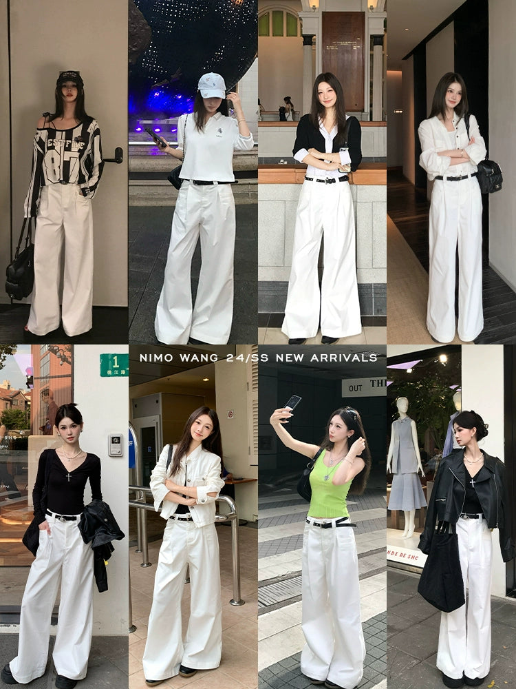 [Classic Wear] White Casual Pants - Drapey Retro Wide-Leg Style