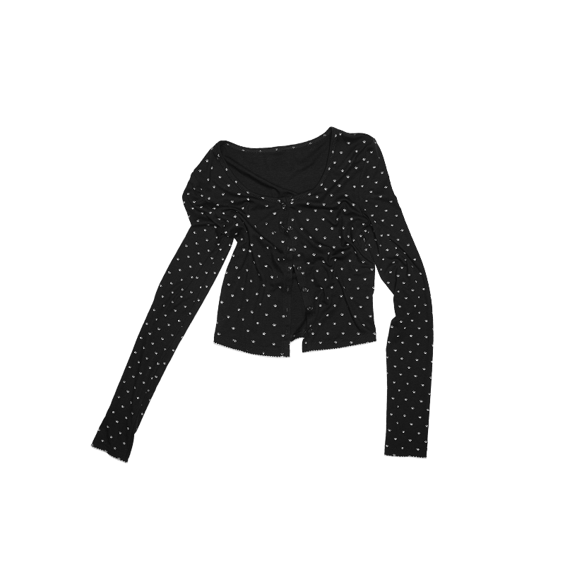 Polka Dot & Cat Paw Lace U-Neck Cardigan – Slim Fit Short Coat for Cute Looks