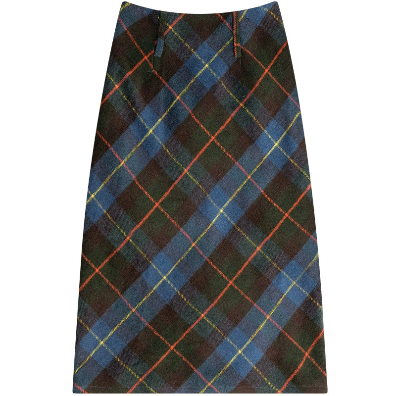 Blue Green Plaid Wool Skirt | High Waist Slim Fit Autumn/Winter Design