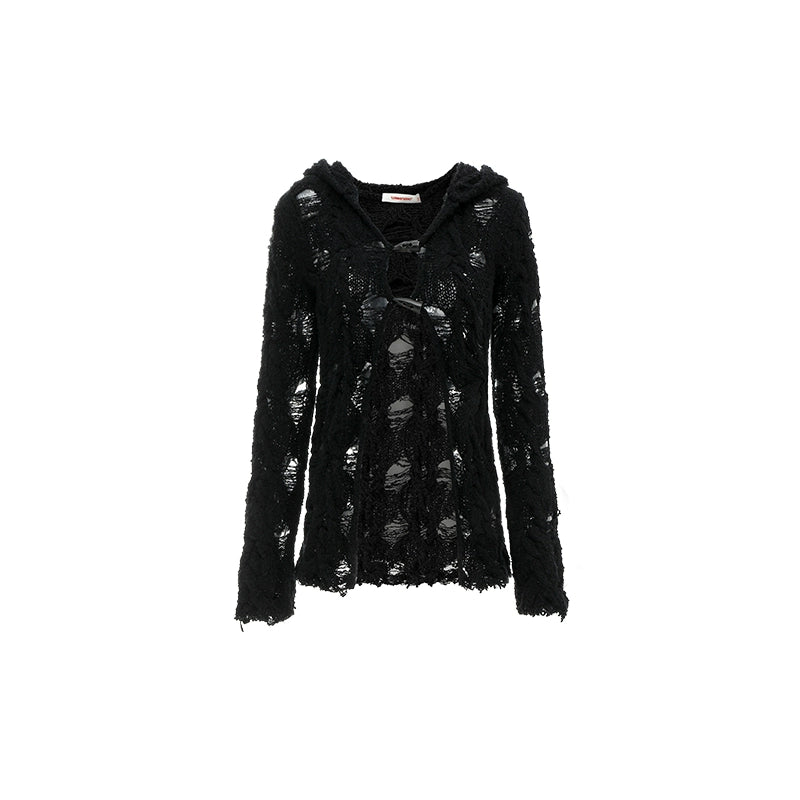 Cutout Hooded Knit Cardigan – Slim Fit Long Sleeve Jacket with Cinched Waist