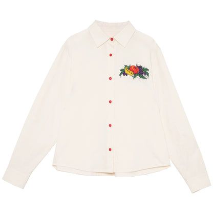 Fruit Embroidered Beige Loose Sleeve Shirt