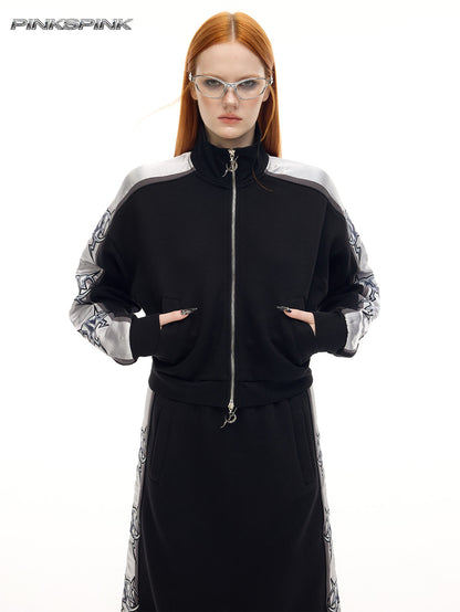 Electric Moon Mirror High-Neck Sporty Y2K Cropped Jacket