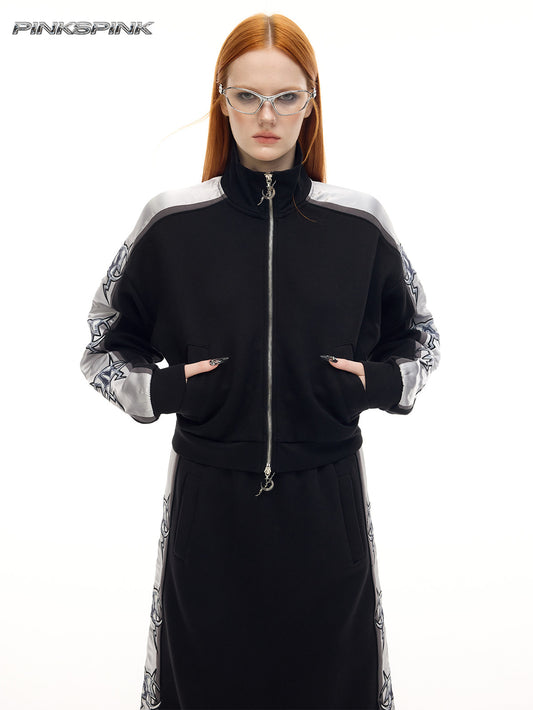 Electric Moon Mirror High-Neck Sporty Y2K Cropped Jacket