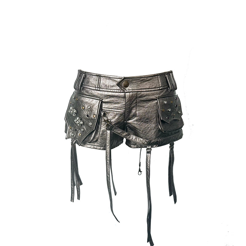 Metal Silver Leather Heavy Industry Riveted Low Waist Shorts