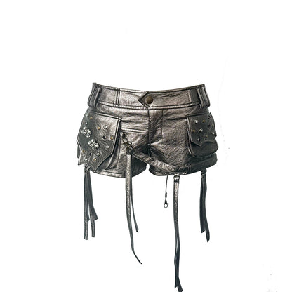 Metal Silver Leather Heavy Industry Riveted Low Waist Shorts