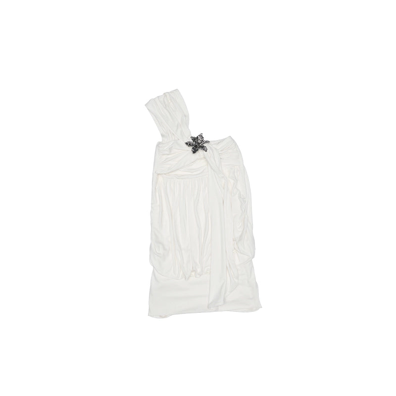 One-Shoulder Acetate Bandeau Dress – Slim Fit Pleated Wrap Mini