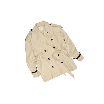 Vintage Double-Breasted Midi Trench Coat with Lace-Up Waist and Oversized Lapel