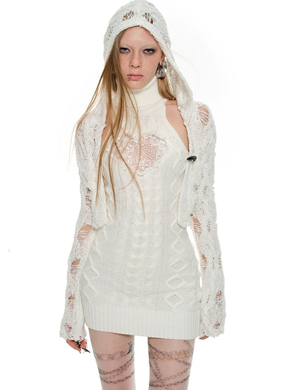 Cutout Hooded Knit Cardigan – Slim Fit Long Sleeve Jacket with Cinched Waist