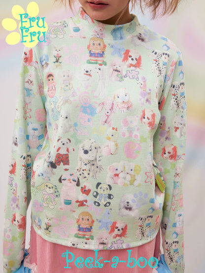 Gollum Store Dollhouse Series Original design cute printed green sweet girl's base shirt