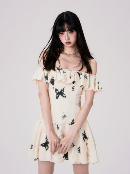 French Ink Butterfly Print Dress - One Shoulder