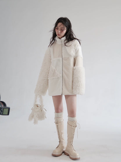 Misty and White Frost Plush Fur Patchwork Coat