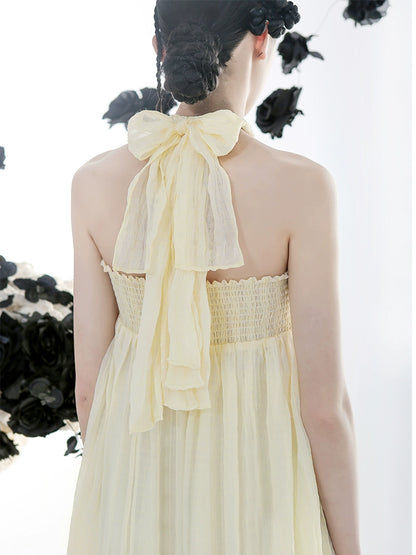 Original Light Yellow Handmade Knitted Neck Pleated Dress
