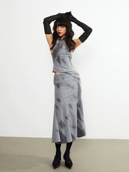 Light and Shadow Print Hollow Punk Skirt