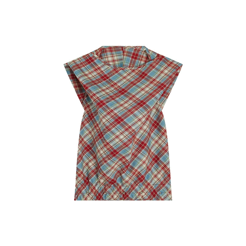 【Lost in Tokyo】 Red Checkered Sleeveless Hoodie Tank Top