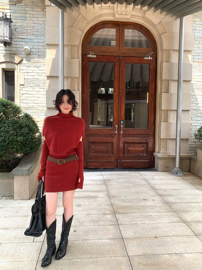 Wine Afternoon Semi-Turtleneck Knit Mini Dress – Retro Fall/Winter 2025