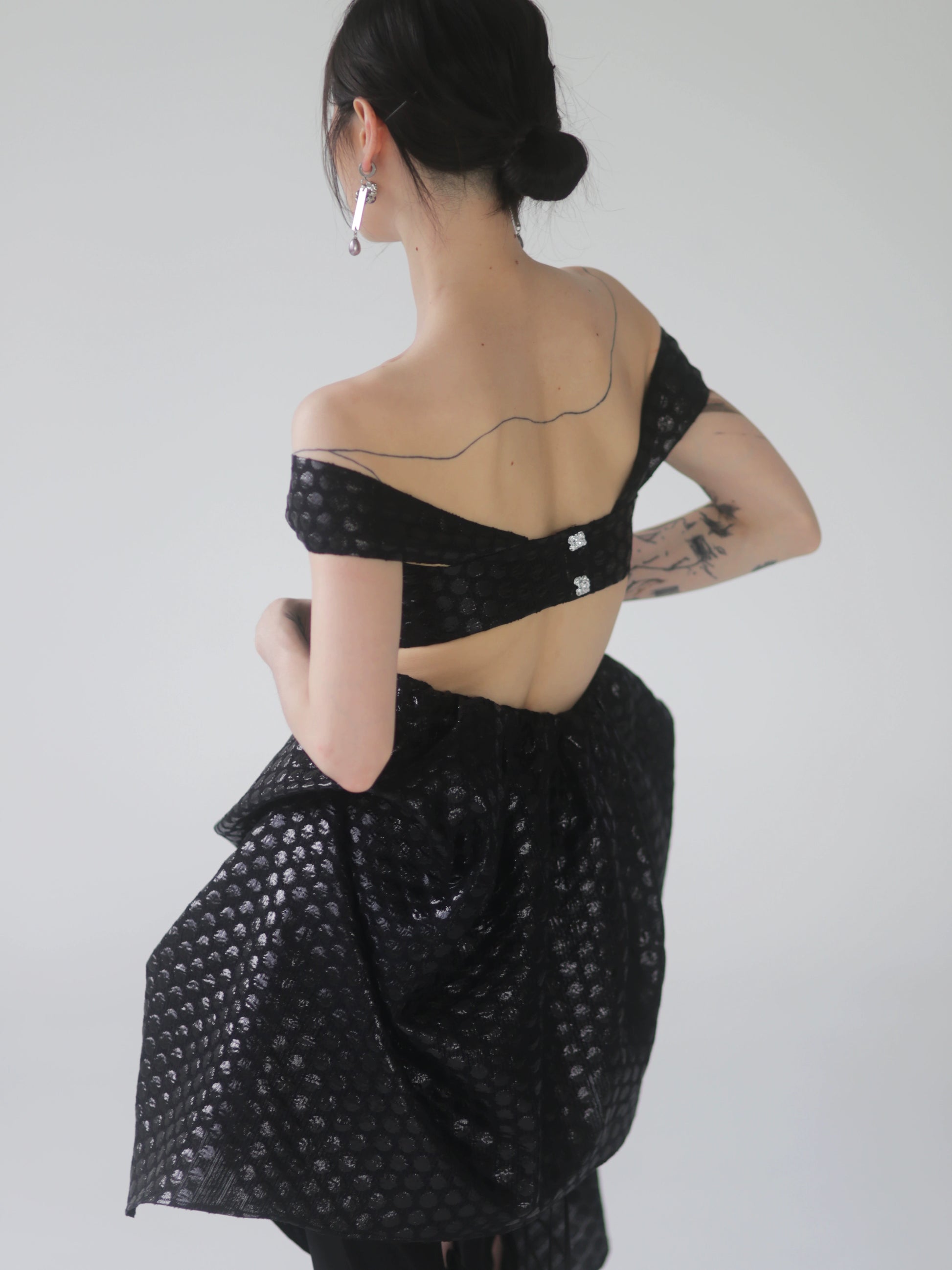 Lightweight Jacquard Polka Dot Black Swan Dress