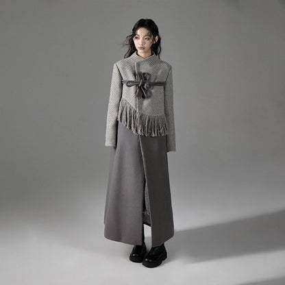 Ebony Agarwood Button Spliced Woolen Coat