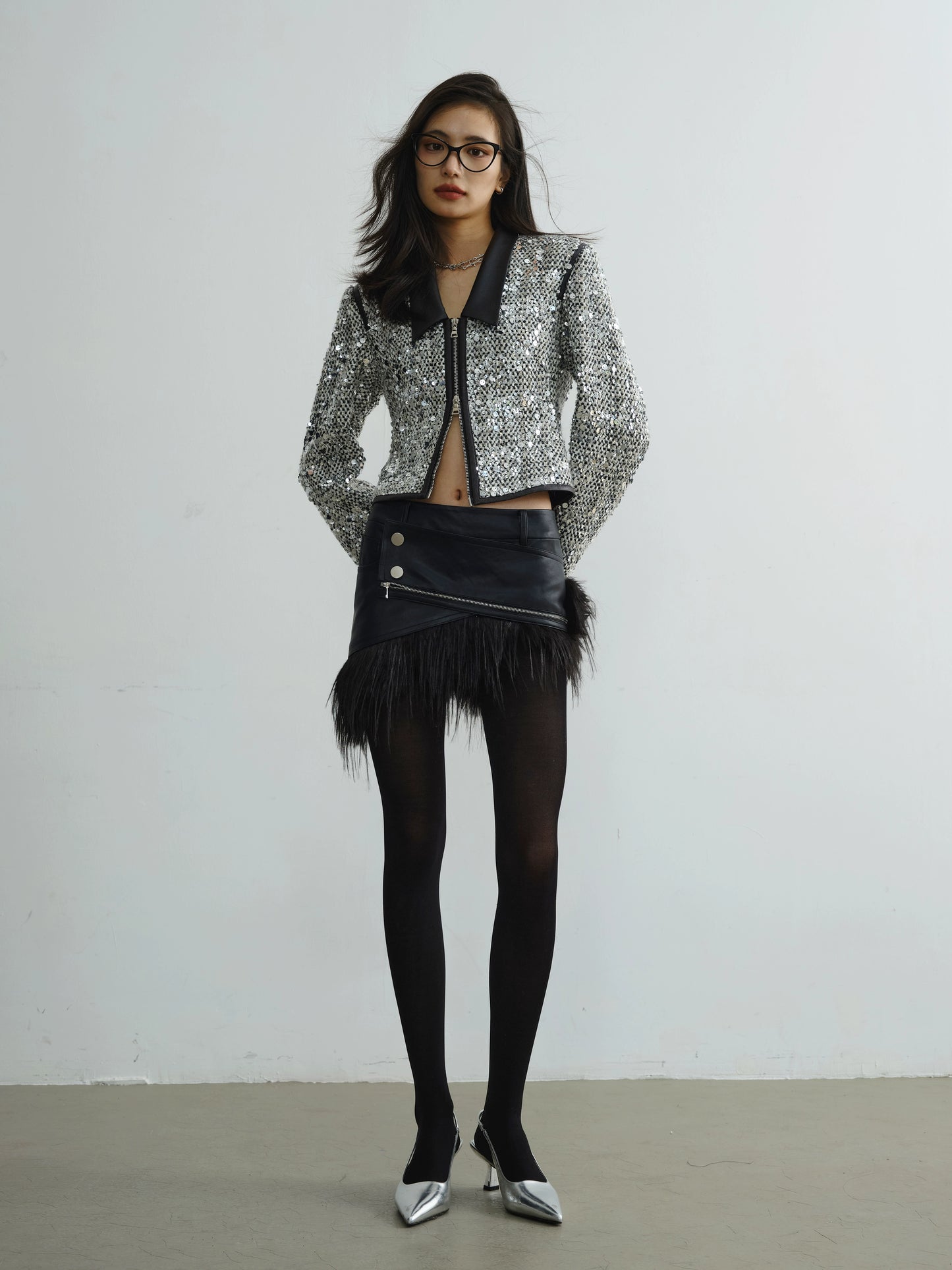 Urban Style Low Neck Sequin Short Jacket