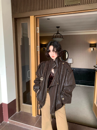 Distressed PU Leather Short Jacket – Hong Kong Retro 2025 Fall/Winter