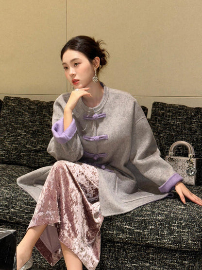 New Chinese Cashmere Coat – Luxury Gray Wool Jacket with Classic Buttons