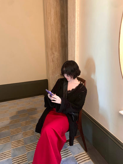 Red Rose High-Waisted Linen Pencil Skirt – Hong Kong Retro Autumn Classic