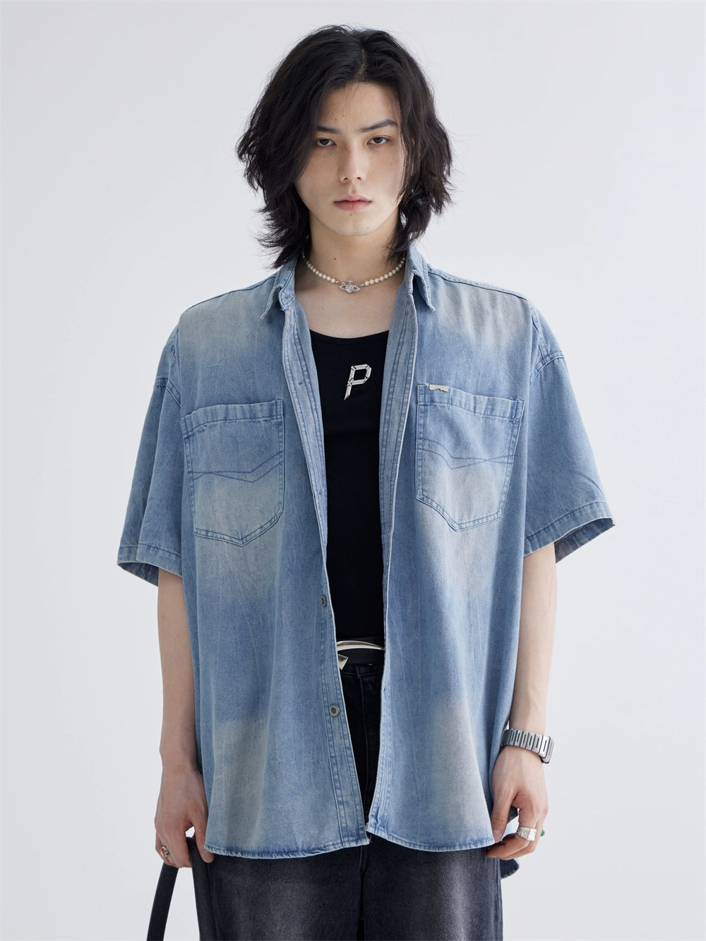 Chemise en jean ajustée de loose décontractée japonaise