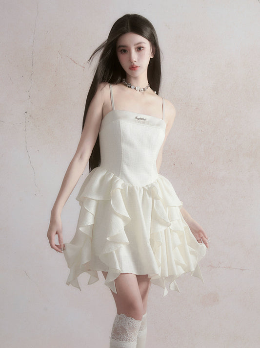 Small Fragrant Coat White Retro Sling Dress Set