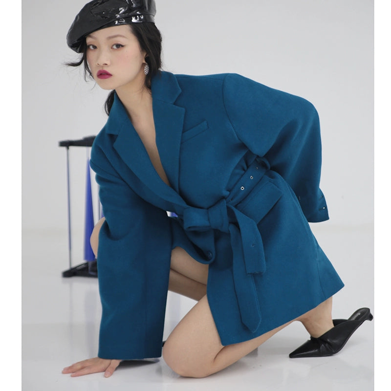 Blue Long Belt Adjustable Waist Wool Suit Jacket T323