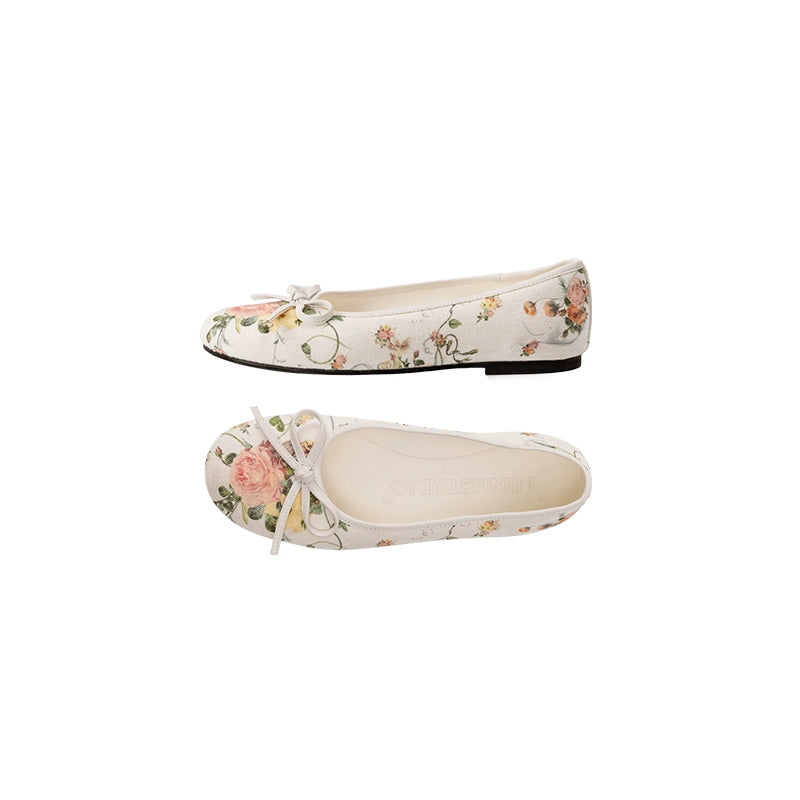 Three-Dimensional Bow Floral Canvas Ballet Flats with Sheepskin Lining