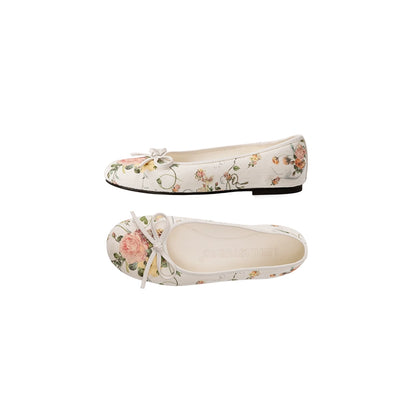 Three-Dimensional Bow Floral Canvas Ballet Flats with Sheepskin Lining