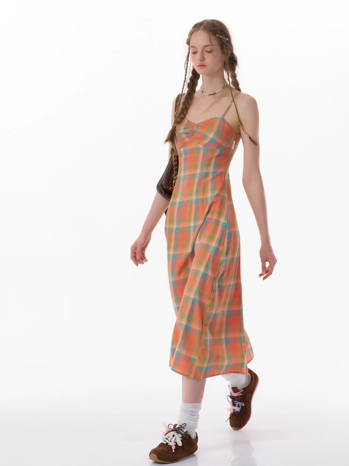 Orange Checkered Dress | Slim Fit American Retro Strap Design