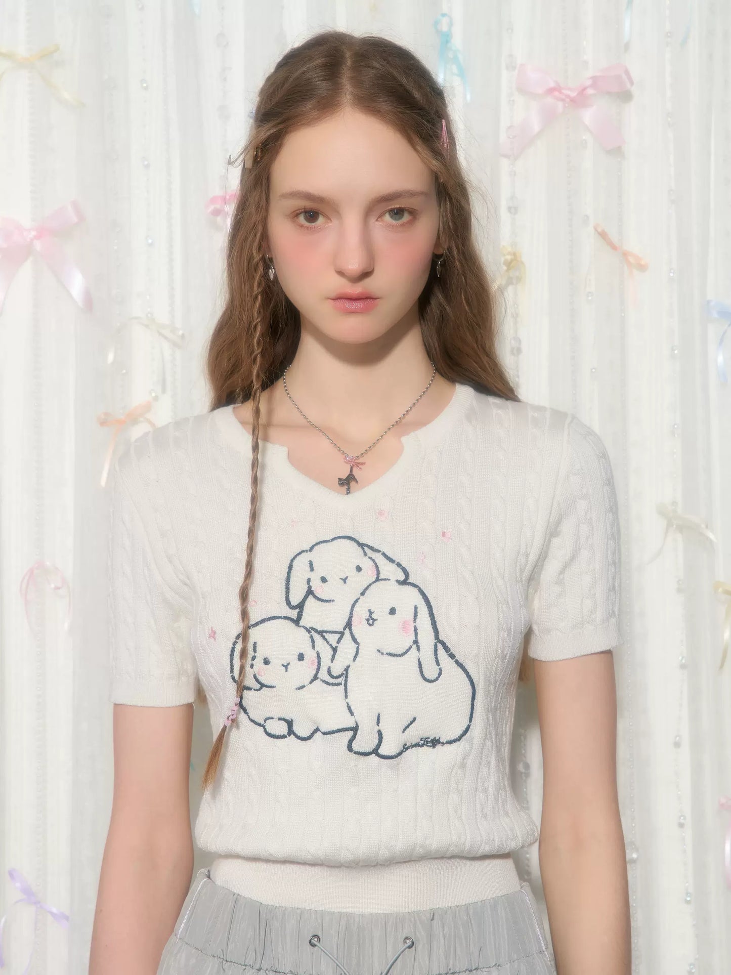 Rabbit Embroidered Twisted Knit Top | Slim Fit Small V-neck for Summer