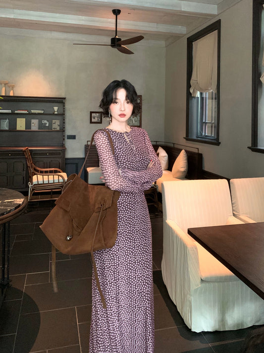 Feiyi Qingyun Polka Dot Maxi Dress – Hong Kong Retro Elegant Fall Style
