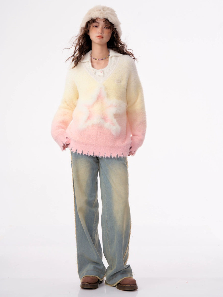 Autumn/Winter Essential | Gradient Star Pattern Mohair V-Neck Sweater