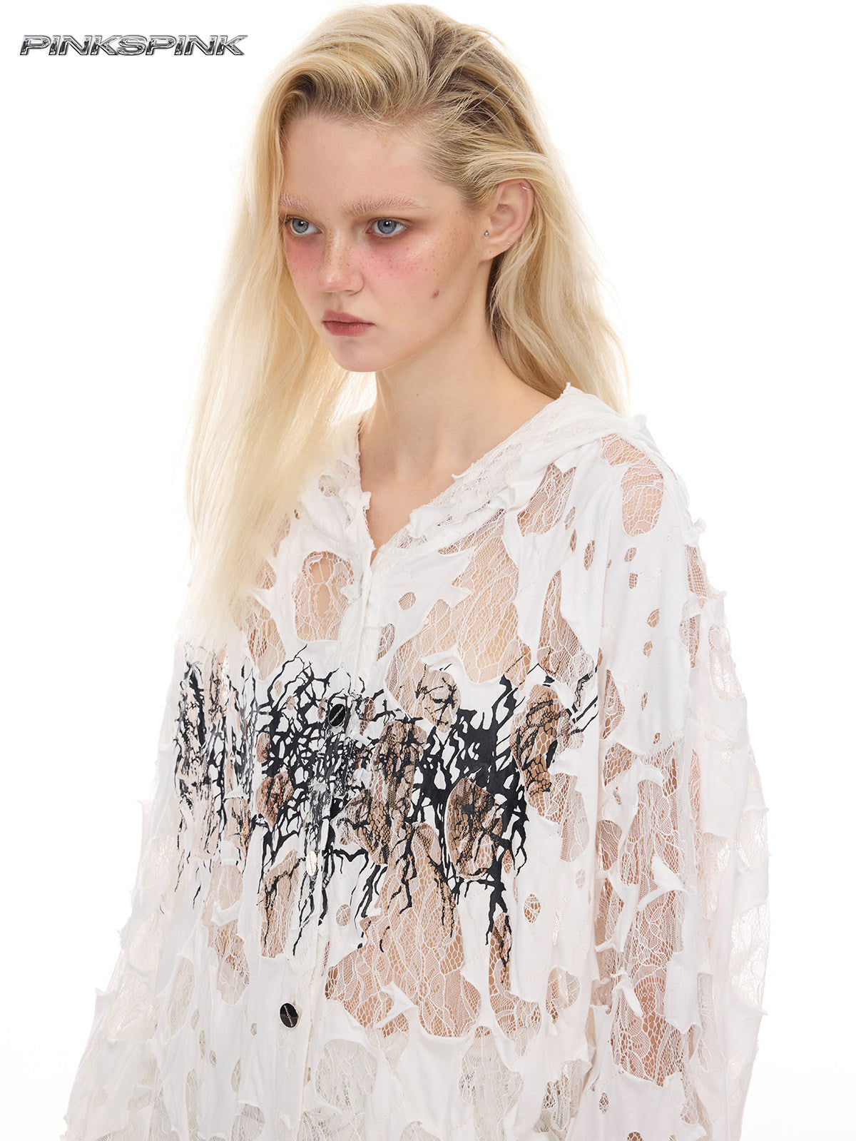 Thorn Lace Hooded Sheer Y3K White Statement Shirt