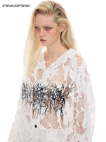 Thorn Lace Hooded Sheer Y3K White Statement Shirt