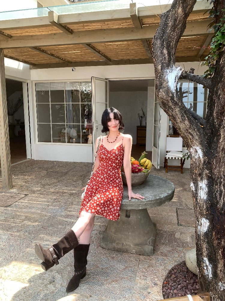 [Vermilion Cherry] French Floral Suspender Mini Dress