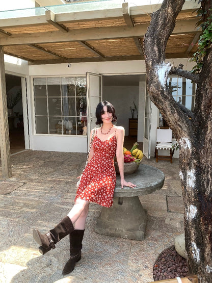 [Vermilion Cherry] French Floral Suspender Mini Dress