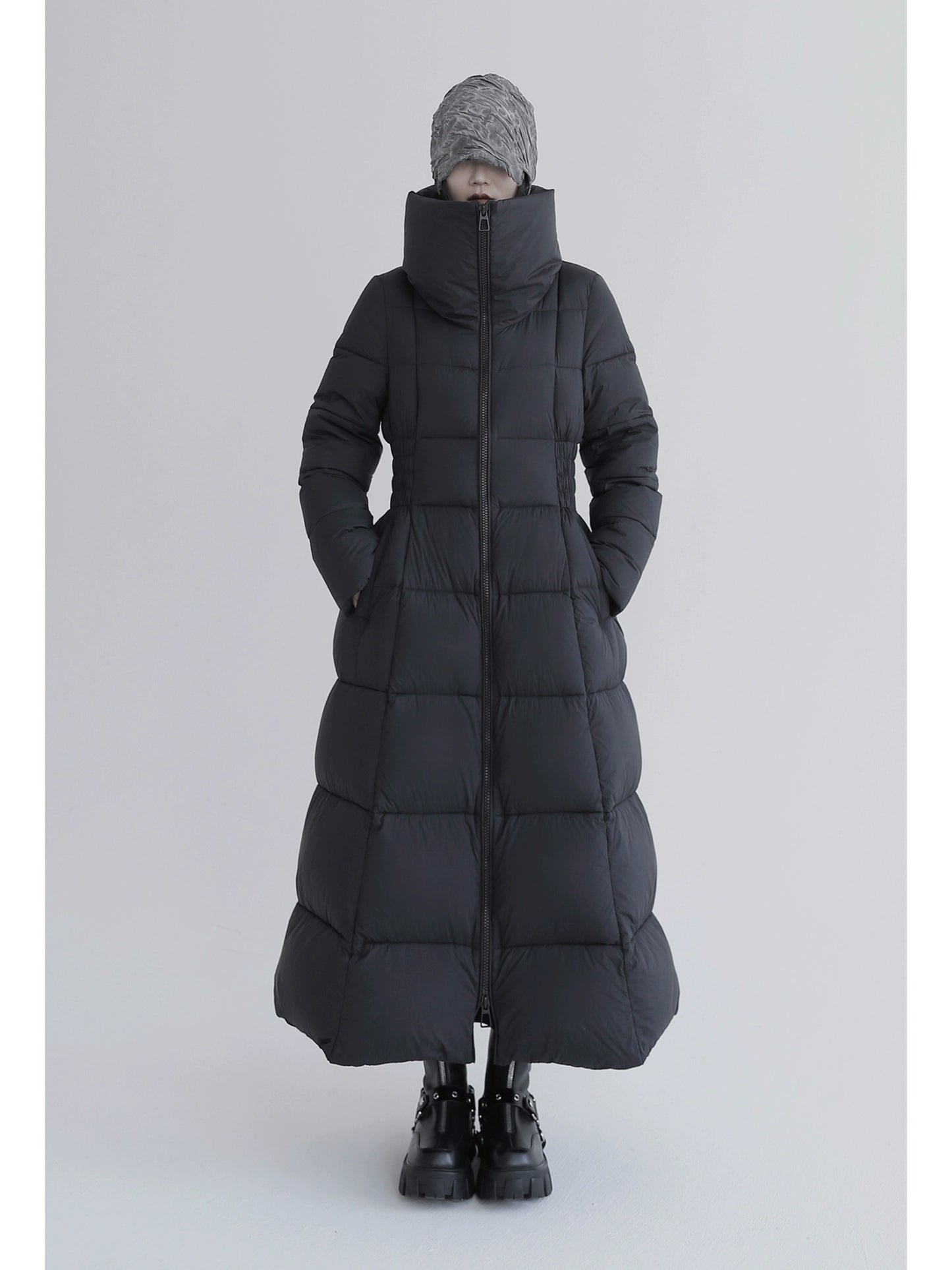 Over-The-Knee White Goose Down Jacket with Waist Design